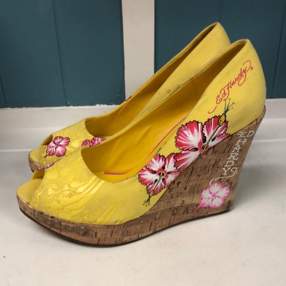 Ed Hardy Shoes - Ed Hardy Sz 9 All Over Design Butterfly Hibiscus Wedges Hawaii vibes Canvas